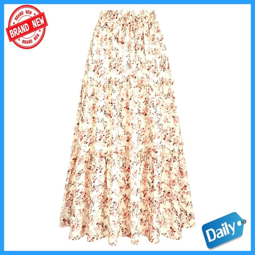 Maxi Skirt High Waist Pleated Ruffle Long Flowy Boho with Pockets
